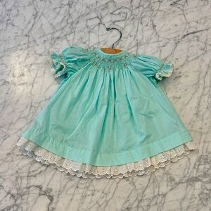 Vintage Smocked Baby Dress Sz 12-18 Mo Mint with Eyelet Lace Trim